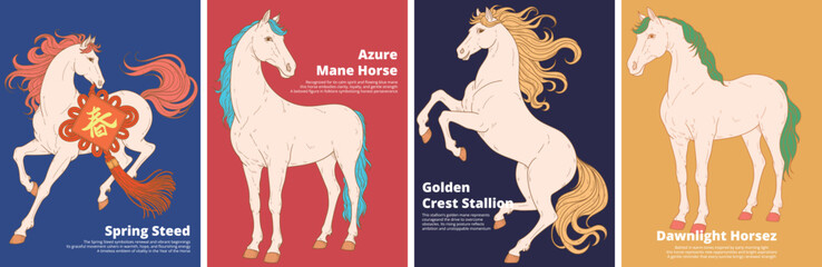 Set of 2026 Chinese New Year Year of the Horse posters. Collection of four stylized white horses with colorful manes in rearing and standing poses on blue, red, and yellow backgrounds. © fishyo