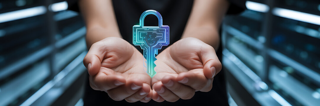 Digital key held in cupped hands, representing data security. - Powered by Adobe