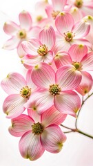Delicate pink dogwood flowers with intricate details and subtle texture on a crisp white background