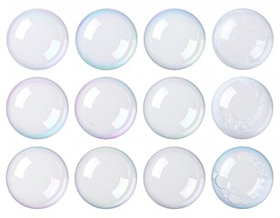 Twelve iridescent, fragile soap bubbles on a white background