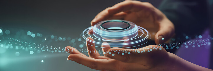Digital connection: human hands hold glowing tech in a data stream