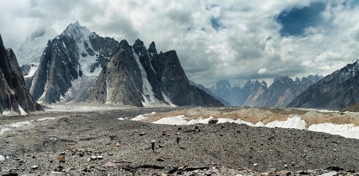 Cloudy landscape of Karakoram mountains and Baltoro glacier in Pakistan