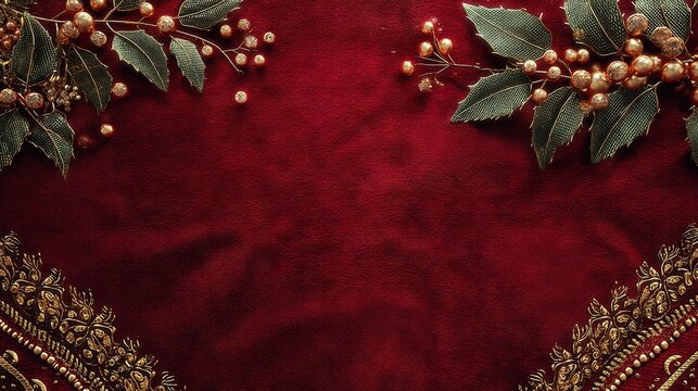 Luxurious Christmas, deep red velvet texture, ornate gold edge, holly pearl. Elegant cards, festive menus, invitations, templates.