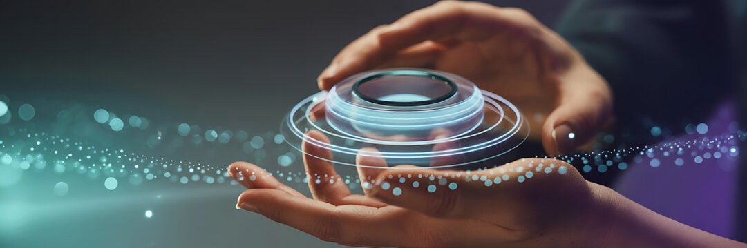 Digital connection: human hands hold glowing tech in a data stream - Powered by Adobe