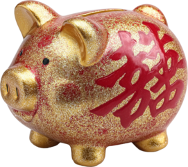 Golden and red piggy bank with Chinese character