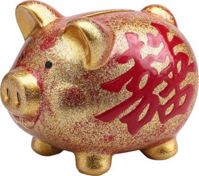 Golden and red piggy bank with Chinese character