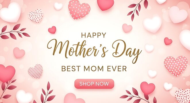 Beautiful Happy Mothers Day Background with Hearts and Foliage Perfect for Cards and Social Media Posts A Tender Celebration of Motherhood with a Soft and Elegant Design