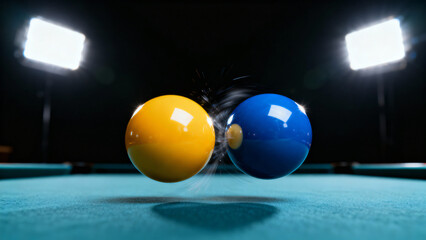 Colorful billiard balls collide on a pool table with dramatic lighting and motion blur