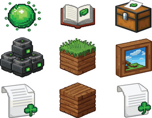 Isometric pixel art game icons set, magic orb, treasure chest, wood blocks, terrain, video game assets, isolated vector collection