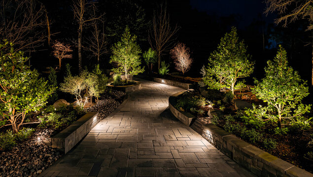 Pathway illuminated at night with landscape lighting and trees