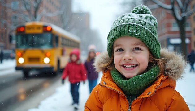 Happy kids in winter clothes walk on snowy city street near school bus. Children enjoy cold weather fun and urban adventure. Youthful friends with smiles explore outdoors together.