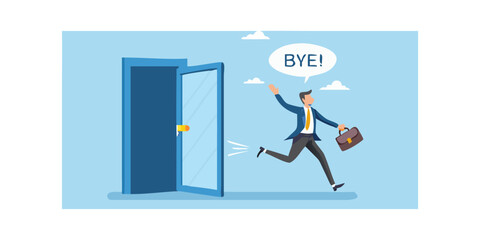Businessman running out of door saying goodbye leaving work behind