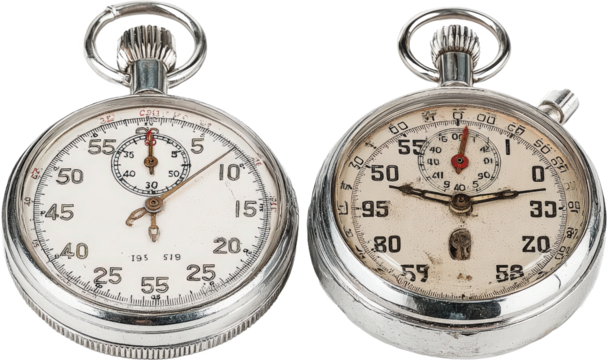 Two vintage stopwatches with white dials and metallic casings