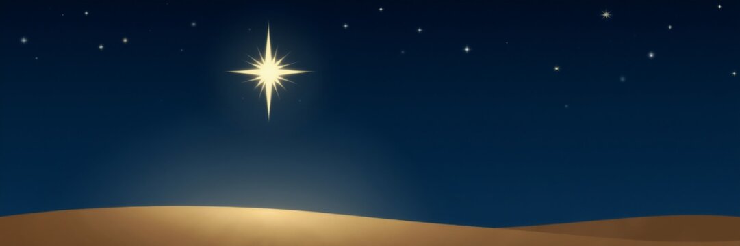 The Star of Bethlehem shining in the night sky over a desert landscape. Religious Christian illustration for the nativity, Christmas, and Epiphany holiday with copy space