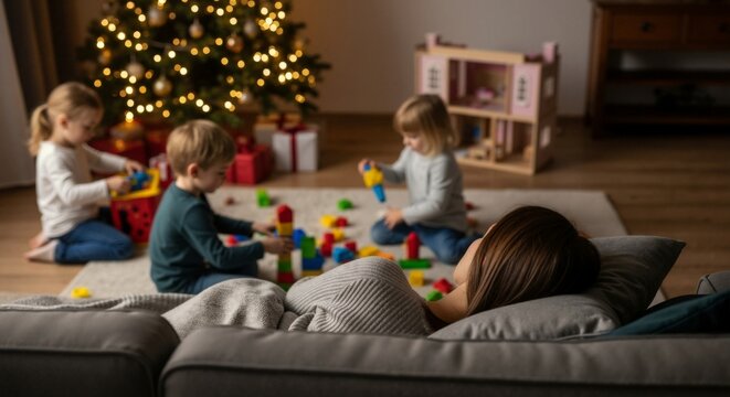 Tired mother resting on the couch while her children play in the living room. A candid family moment during the Christmas holidays with a festive tree in the background