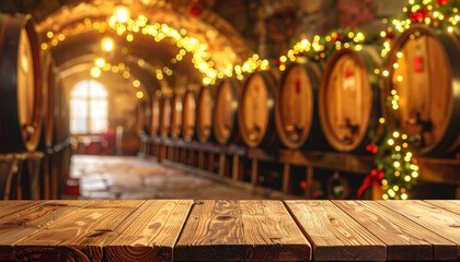 Fototapeta premium Festive cellar, barrels lit. Wood foreground texture