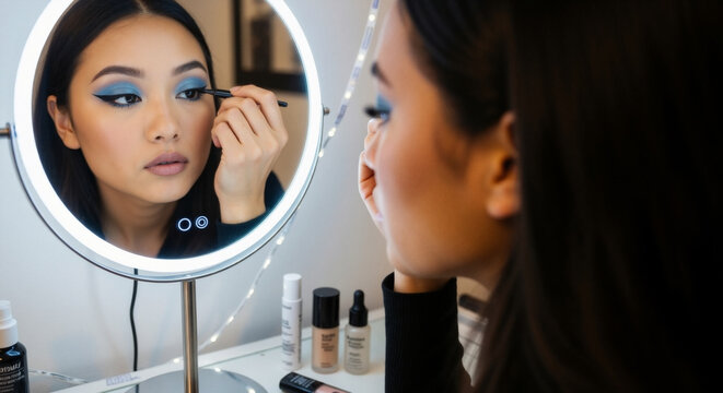 Focused asian woman applying winged eyeliner in an illuminated vanity mirror. Young female with bold blue eyeshadow creating a holiday makeup look. Beauty and cosmetics routine