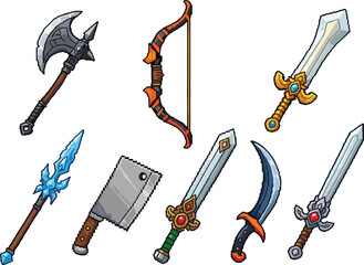 Pixel art fantasy weapon icons set, sword, axe, bow, spear, combat equipment, isolated video game assets collection