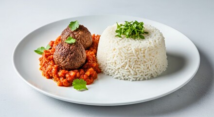 Lamb Meatballs with Rice and Tomato Sauce, Topped with Parsley