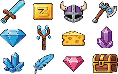 Pixel art fantasy RPG game icons set, treasure, crystals, sword, diamond, helmet, isolated video game elements collection