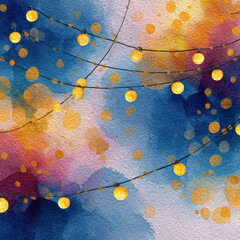 Festive glowing string lights hang over vibrant watercolor background with warm golden bokeh, creating joyful and colorful holiday atmosphere