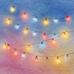 Colorful glowing holiday light strings create warm festive atmosphere with soft watercolor background blending blue, pink, and yellow hues for joyful celebration and cozy ambiance