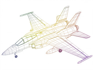 Dynamic wireframe rendering of a fighter jet, perfect for technology concepts or aviation illustrations with a modern, futuristic feel for engineering designs