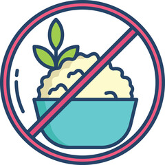 Illustration of a bowl filled with mashed potatoes or rice with a green sprout on top inside a red prohibition circle on a transparent background
