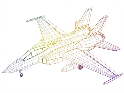 Dynamic wireframe rendering of a fighter jet, perfect for technology concepts or aviation illustrations with a modern, futuristic feel for engineering designs