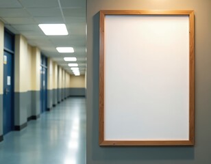 Blank wooden framed notice board hangs on wall inside empty school hallway. Vertical orientation empty space for posters announcements events in college corridor.