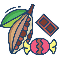 Illustration of a vibrant cacao pod with glossy beans next to a chocolate bar and a wrapped candy on a clean transparent background