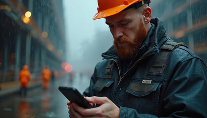 Construction worker in hard hat checks mobile phone in rain. Other workers in orange vests walk on wet city street. Building site activity is ongoing. He looks focused on his device.