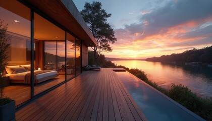 Modern house with infinity pool overlooks lake at sunset. Bedroom with large windows offers scenic water view. Wooden deck, lounge chair, serene natural landscape, peaceful retreat.