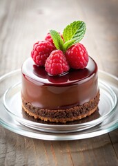 Rich chocolate dessert on clear glass plate