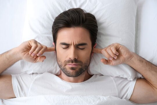 Man blocking ears in bed unable to sleep due to noise pollution concept