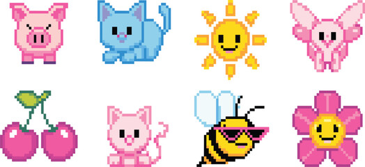 Set of eight cute kawaii pixel art icons, pig, cat, sun, butterfly, cherry, bee, flower, isolated vector game assets