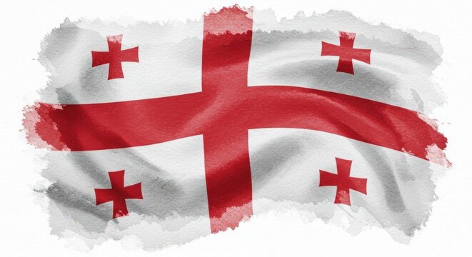 Georgian flag banner in wavy motion. Watercolor style illustration. Paintbrush form or spilled paint form on light background. Flag of Georgia. Flag day celebration concept, patriotism concept