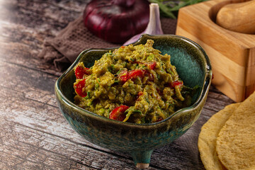 Green spicy Mexican guacamole dip