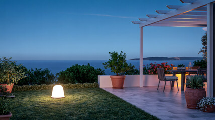 Luxury Outdoor Terrace with Ocean View at Dusk