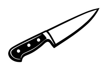 Crisp monochromatic black and white outline vector illustration of a versatile kitchen chef's knife, featuring a sharp blade and ergonomic handle, ideal for culinary tasks, food preparation, cooking,
