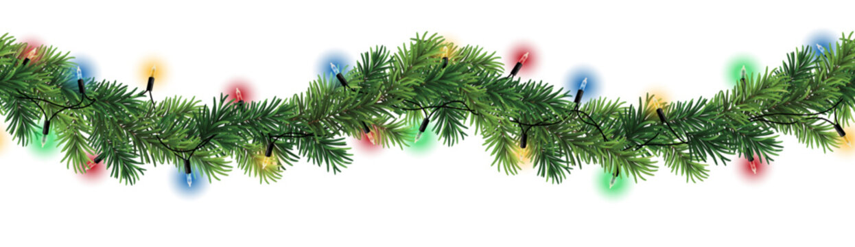 Seamless decorative christmas border with coniferous branches and garlands of colorful christmas lights