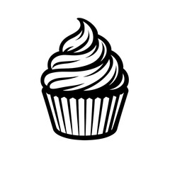 Elegant Monochromatic Black and Grey Cupcake Illustration with Swirled Frosting and Fluted Wrapper, Perfect for Bakery Logos, Cafe Icons, Sweet Treat Graphics, Digital Art, and Minimalist Dessert Them
