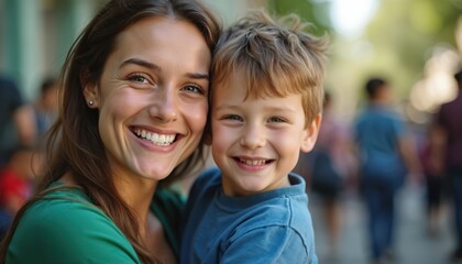 Smiling mother and son share a happy moment outdoors. Their connection is evident as they pose for a candid portrait during a casual outdoor gathering.