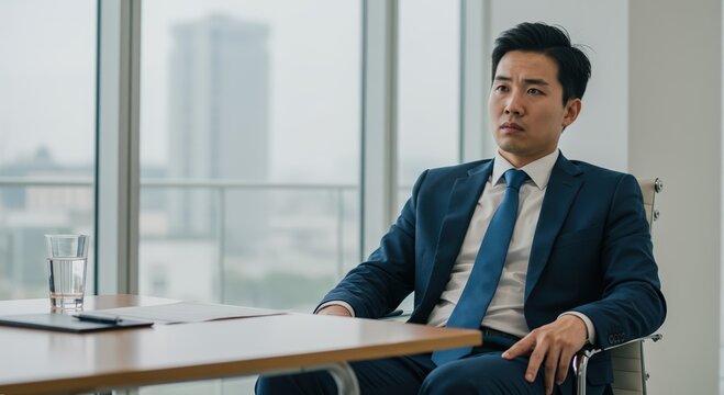 Asian man looking serious and nervous while sitting in office chair by window during job interview. Stress and emotions in corporate world