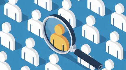 Job recruitment and candidate selection concept with magnifying glass highlighting person among crowd