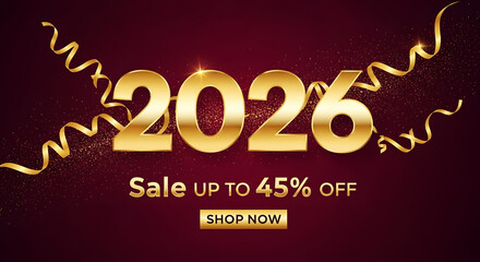 Golden 2026 Sale Announcement with 45% Off and Swirling Ribbons discount 45 percent