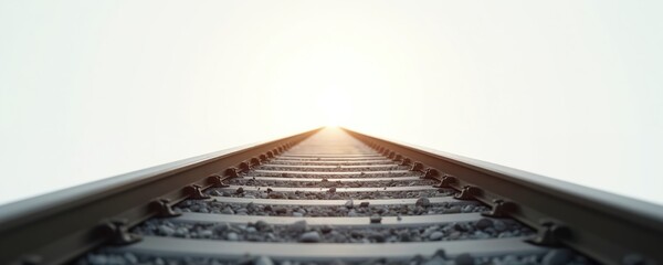 Railroad tracks extend forward into bright light and horizon. Low angle perspective of train path leading toward distant future. Concept of journey, travel, and hope.