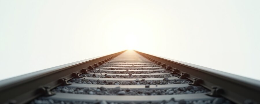 Railroad tracks extend forward into bright light and horizon. Low angle perspective of train path leading toward distant future. Concept of journey, travel, and hope.