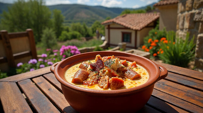 Plato tradicional de migas extreme&ntilde;as con chorizo en terraza rural
