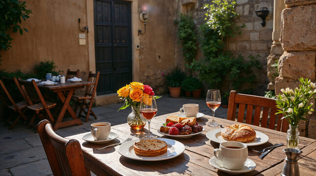 Desayuno al aire libre en un pintoresco patio de pueblo con caf&eacute;, boller&iacute;a y flores frescas